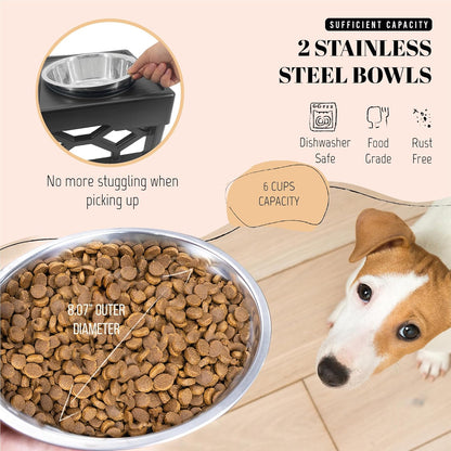 Elevated Dog Bowls, 4 Height Adjustable Stand for Medium and Large Dogs, Raised Dog Feeder Holder with 2 Stainless Steel Food and Water Bowls, Anti-Slip Base Tall Feeding Station